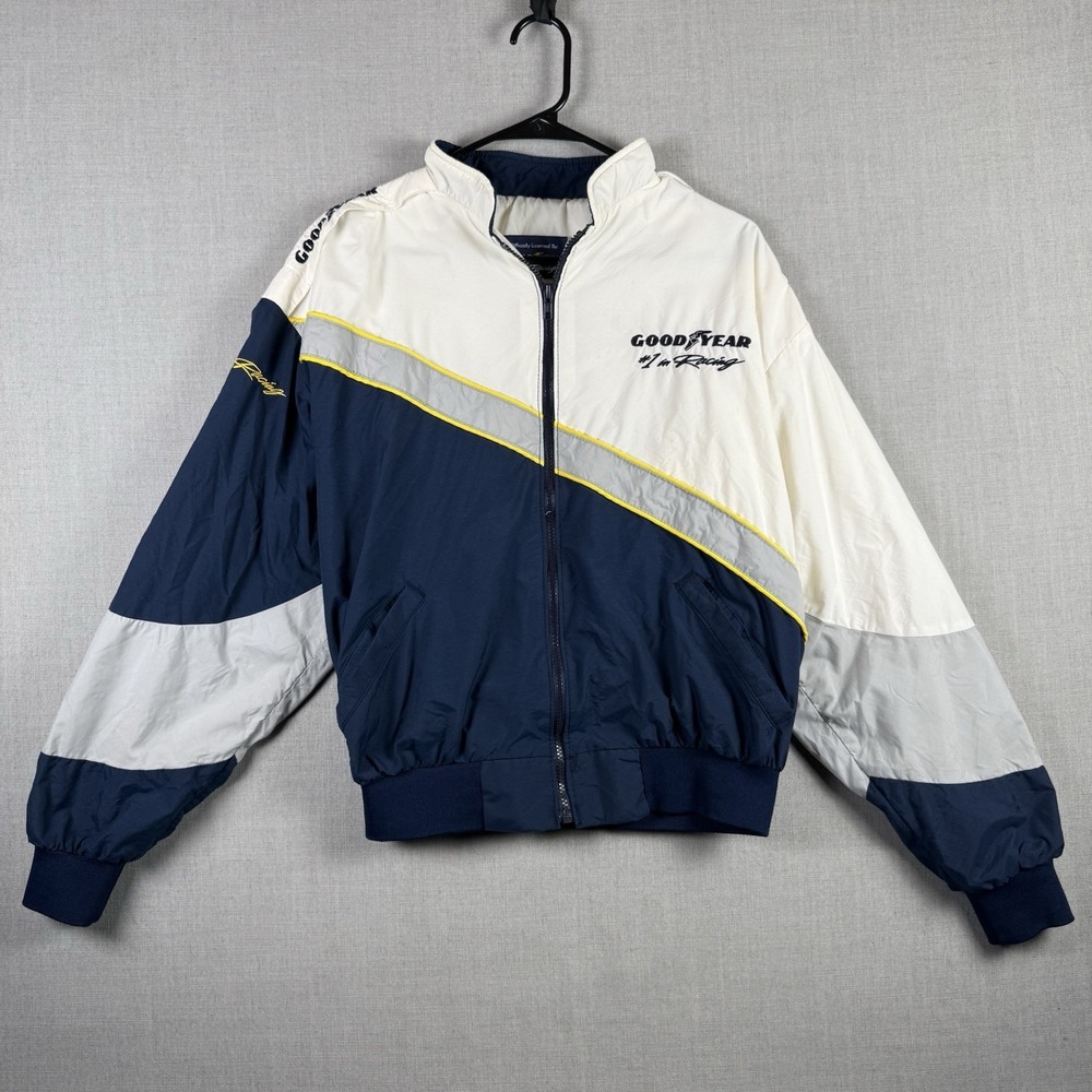 Goodyear Racing Jacket Mens Medium White Blue Embroidered Full Zip Vintage Tires
